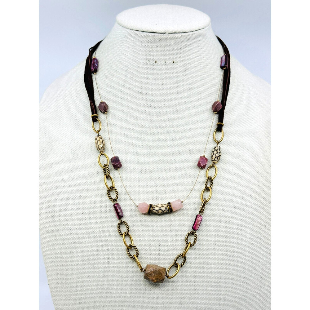 Chicos Necklace Layered Chain Pink Purple Brown Beaded Gold Tone Costume Jewelry